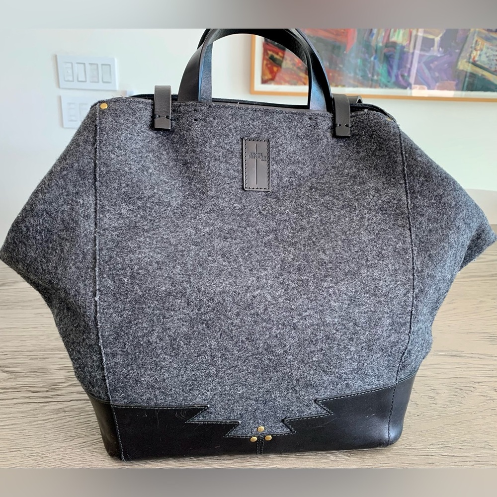 Jerome Dreyfuss PACO Paris Black Leather Gray Flannel Tote Shoulder Bag Handbag